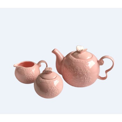 Conjunto De Chá Em Porcelana Com Bule Rosa 700 Ml