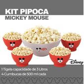 Kit Pipoca 1 Tigela 3l E 4 cumbucas 500ml Mickey Mouse Disney